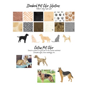 May include: A chart with 12 different color options for pet portraits. The chart is labeled "Standard Pet Color Selections" and "Select only 1 per pet". Below the chart is a section labeled "Custom Pet Color" with the text "Send in a photo of your pet to be custom matched. Includes eyes, nose, markings, etc."