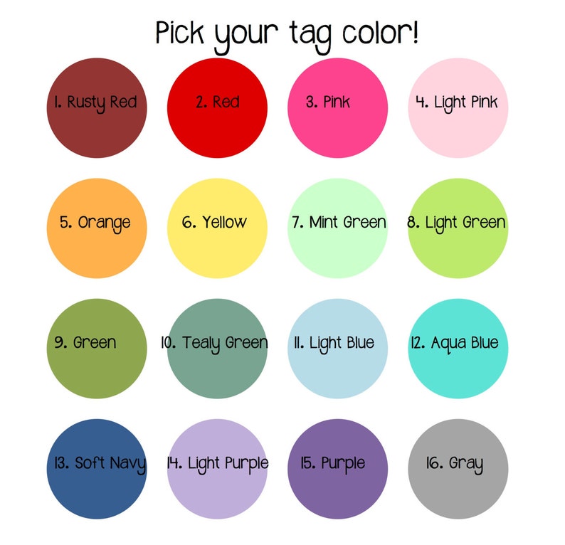 May include: A chart with 16 color swatches, each with a number and a color name. The colors include rusty red, red, pink, light pink, orange, yellow, mint green, light green, green, teal green, light blue, aqua blue, soft navy, light purple, purple, and gray.