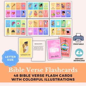 48 cartões flash de versículos bíblicos com ilustrações coloridas | Versículos da Bíblia | Imprimível | Download Digital | Presente Cristão | Oração de Proteção