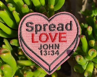 Spread Love Iron-On Patch | John 13:34 | Size 2"x2 1/8" | Heart Patch | Cute Patch | Spiritual Gift | Embroidered Heart Decal | Jeans Patch