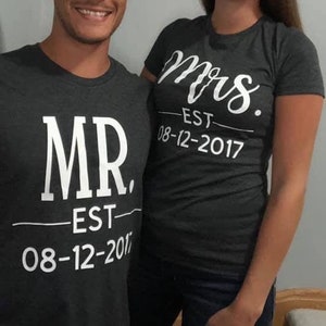Grey Mr. Mrs. T shirt, Husband Wife Shirt, Honeymoon Shirt, Couple, Anniversary T shirt, Engagement Shirts, Bridal shower gift idea, Bella