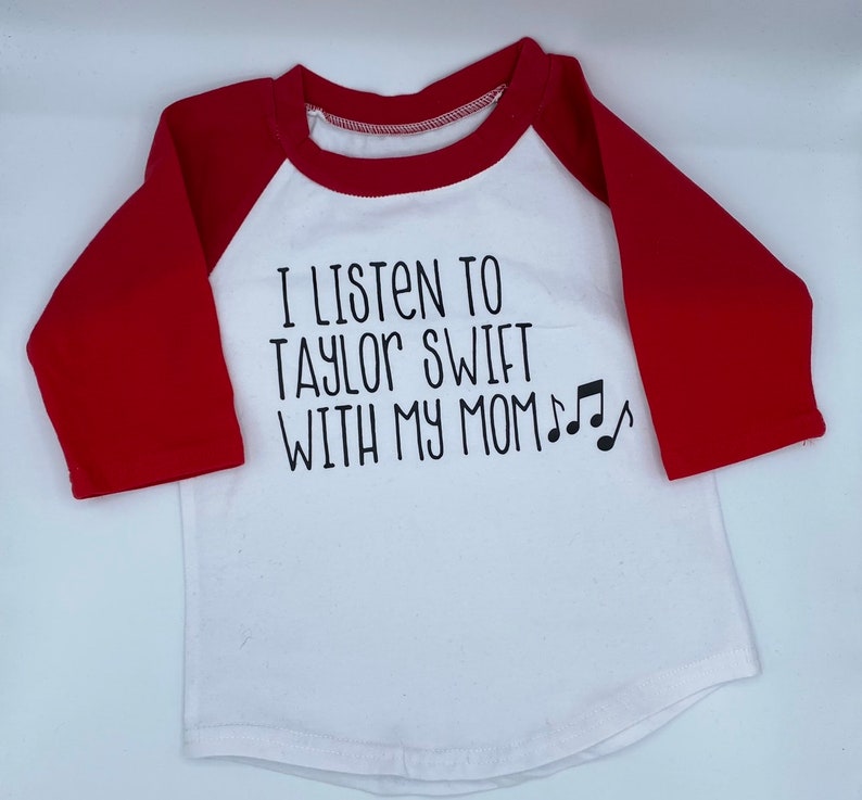 I listen to Taylor Swift with my Mom raglan t-shirt, pop baby, pop music, infant, newborn, new mom, baby shower gift, image 2