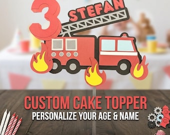 Custom Fire Truck Cake Topper | Personalized Fireman Birthday Decor | Any Name and Age Firefighter Party Supplies