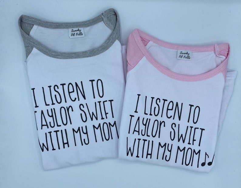 I listen to Taylor Swift with my Mom raglan t-shirt, pop baby, pop music, infant, newborn, new mom, baby shower gift, image 1