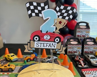 Custom Race Car Cake Topper, Two Fast Birthday Party Decor, Personalized Name Age Cardstock