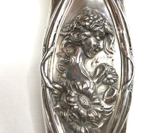 Antique Art Nouveau Unger Brothers "He Loves Me" Sterling Silver Maiden With Flowers Hair, Clothes Brush