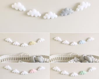 Felt Cloud Garland, Party Banner, Nursery Decor, Baby Shower Gift, Pink, Blue, White, Yellow and Mint, Bedroom Decor, Baby Shower Bunting