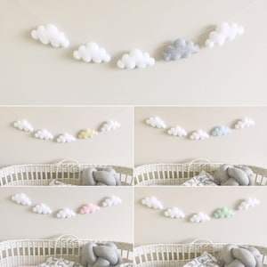 Felt Cloud Garland, Party Banner, Nursery Decor, Baby Shower Gift, Pink, Blue, White, Yellow and Mint, Bedroom Decor, Baby Shower Bunting