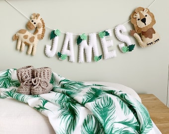 Custom Name Garland, Felt Name, Jungle Nursery, Safari Nursery, Baby Shower, New Baby, 1st Birthday, Nursery Decor, Felt Safari Animals