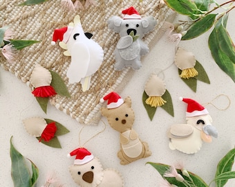 Australian Animals Christmas Decorations, Tree Ornaments, Felt Animals, Koala, Kangaroo, Cockatoo, Wombat, Kookaburra