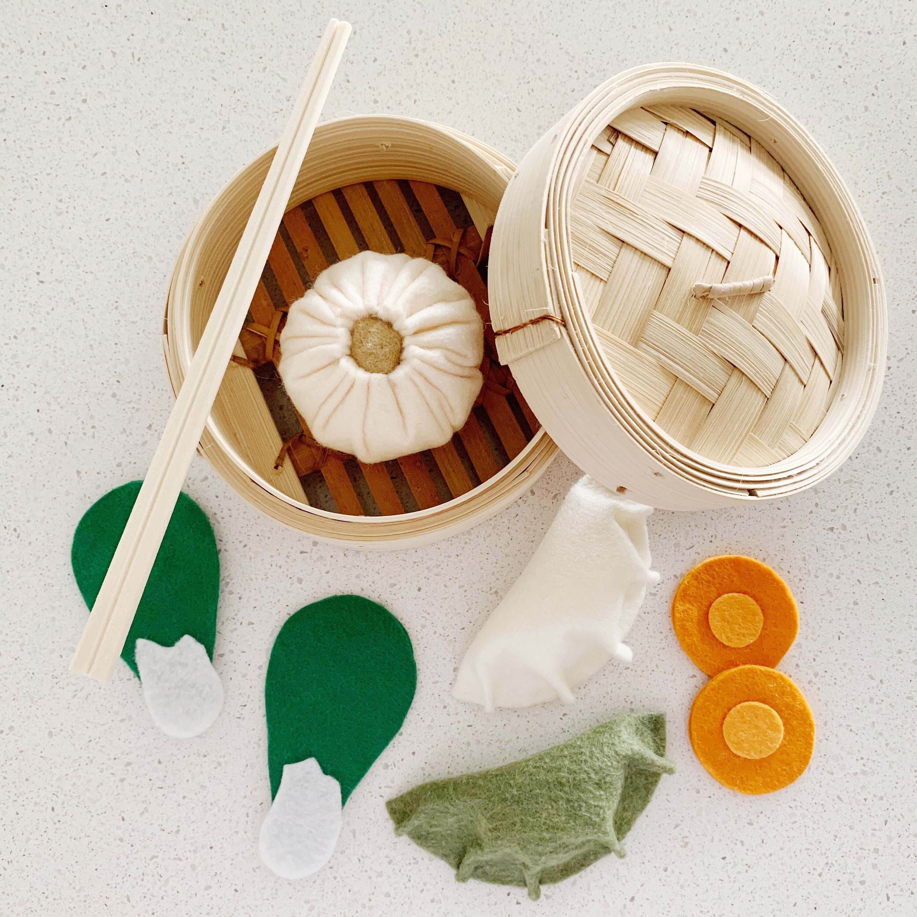 Felt Food Dumplings and Steam Basket Set, Pretend Play, Play House, Play Kitchen, Pork Bun, Bok Choy, Felt Carrot, Felt Vegetable, Learning