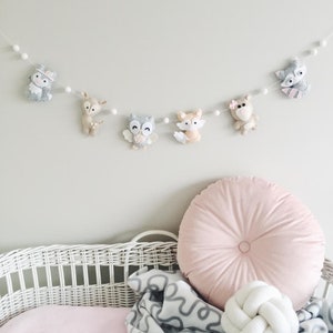 Plush Woodland Animals Felt Garland Banner, Woodland Nursery, Baby Girl, Bear, Owl, Deer, Baby Shower, Girly Nursery Decor, 1st Birthday