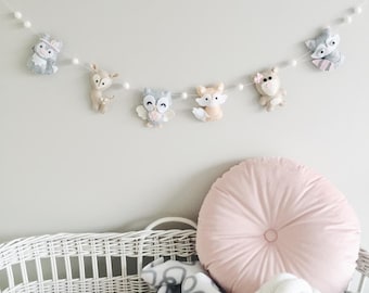 Plush Woodland Animals Felt Garland Banner, Woodland Nursery, Baby Girl, Bear, Owl, Deer, Baby Shower, Girly Nursery Decor, 1st Birthday