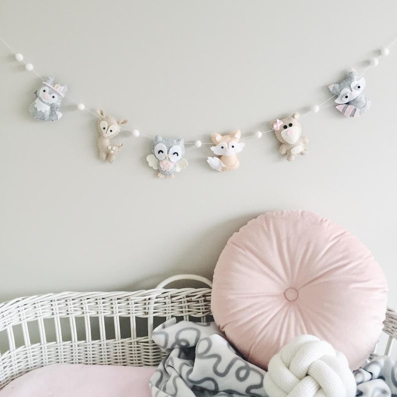 Plush Woodland Animals Felt Garland Banner, Woodland Nursery, Baby Girl, Bear, Owl, Deer, Baby Shower, Girly Nursery Decor, 1st Birthday image 1