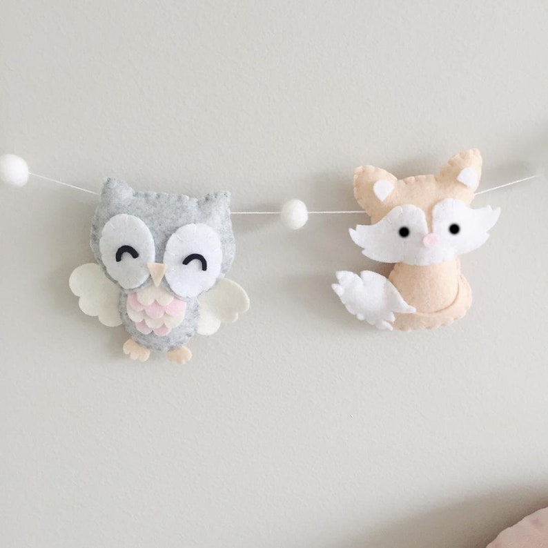 Plush Woodland Animals Felt Garland Banner, Woodland Nursery, Baby Girl, Bear, Owl, Deer, Baby Shower, Girly Nursery Decor, 1st Birthday image 4