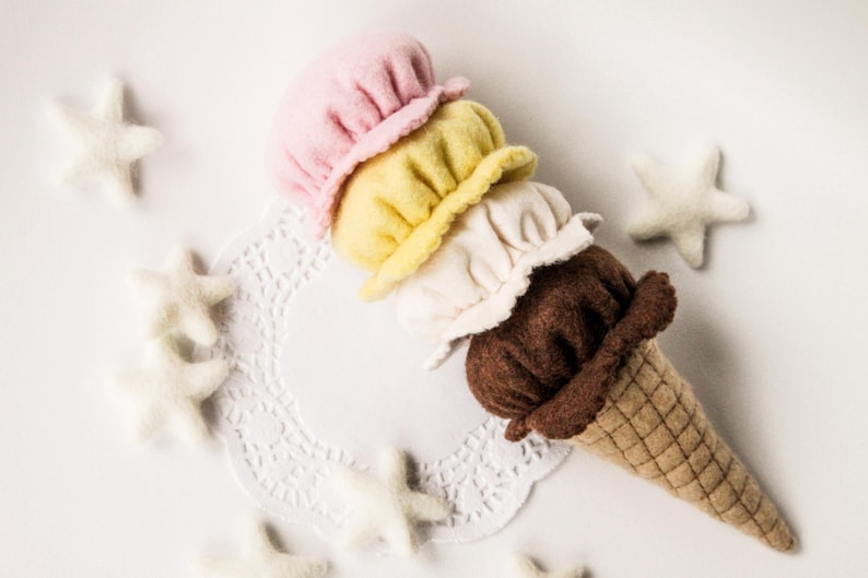 Felt Food Pretend Play Ice Cream Mix and Match Game Set, Strawberry, Chocolate, Vanilla, Banana image 1