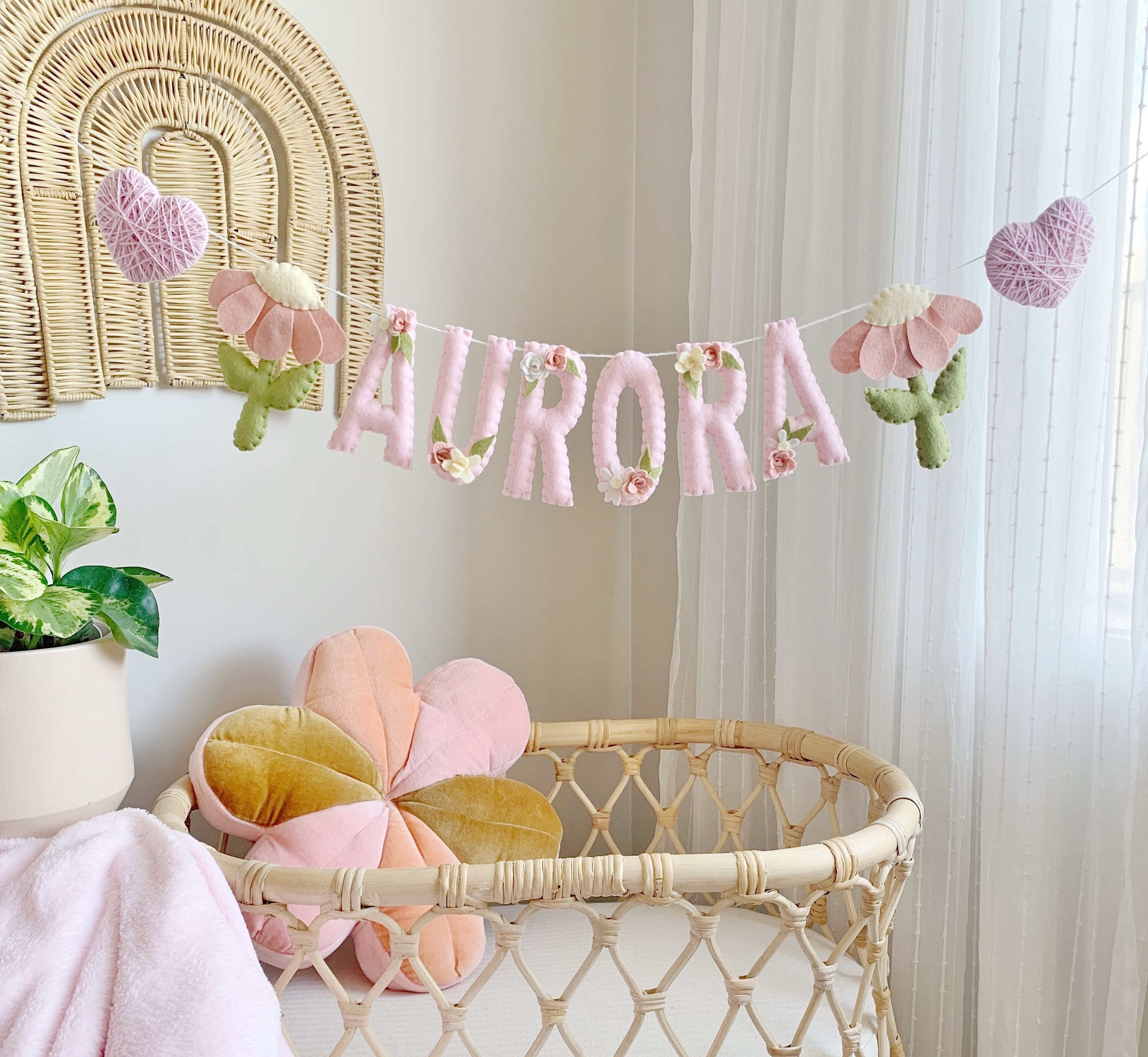 Custom Felt Flower Name Decoration Banner, Felt Garland, Baby Nursery, Baby Shower, New Baby Gift, Baby Girl, Birthday, Cake Smash Prop