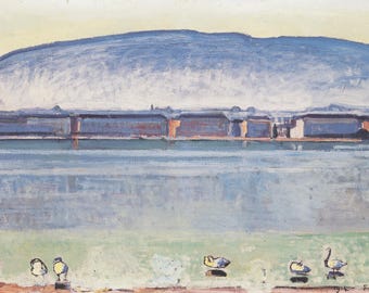 Lake Geneva with Six Swans by Ferdinand Hodler Wall Decor Giclee Art Print Poster A4 A3 A2 Large Print FLAT RATE SHIPPING