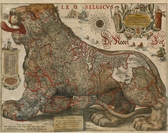 Leo Belgicus by Hondius & Gerritsz Antique Map Home Decor Wall Decor Giclee Art Print Poster A4 A3 A2 Large Print FLAT RATE SHIPPING