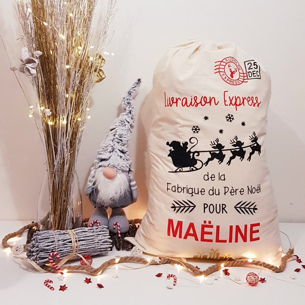 Hotte de Noel personnalisé GRAND MODELE Atelier du pere noel ,sac de noel personnalisée,sac du Père Noël,hotte de noel,hotte noel,sac noel,