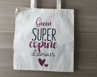 Sac Super Maman d'amour avec prénom / cadeau pour nounou, maitresse, maman, mamie, tata , copine/ sac tote bag personnalisable/