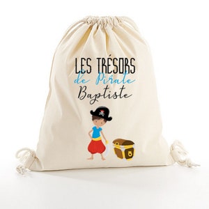 Sac baluchon personnalisé prénom - thème pirate, marquage artisanal, sublimation, sac doudou personnalisé,sac école maternelle,sac prénom