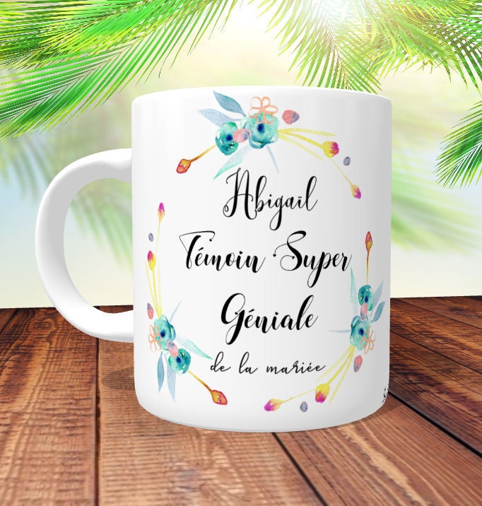 Mug Témoin Super Génial - Floral Jaune- Personnalisé Recto/Verso, Mug Personnalisé, Tasse Témoin, Mu