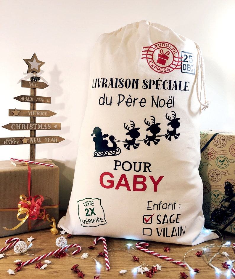 Hotte de Noel personnalisée prénom , Grand sac de Noel personnalisé emballage cadeau de noel image 1