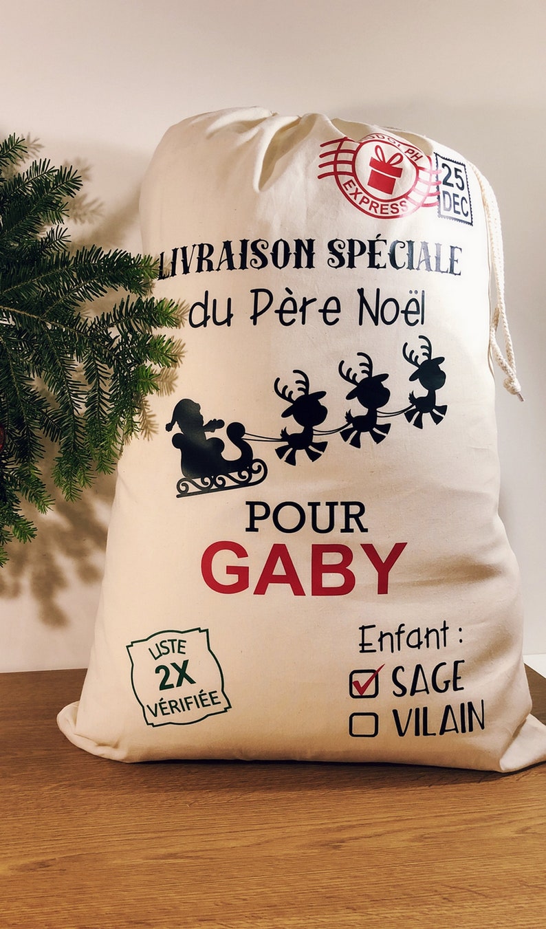 Hotte de Noel personnalisée prénom , Grand sac de Noel personnalisé emballage cadeau de noel image 2