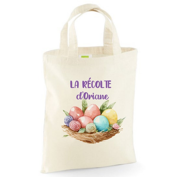 Sac de Pâques personnalisé avec un prénom, panier en tissu réutilisable pour la chasse aux oeufs, sac de paques imprimé prénom