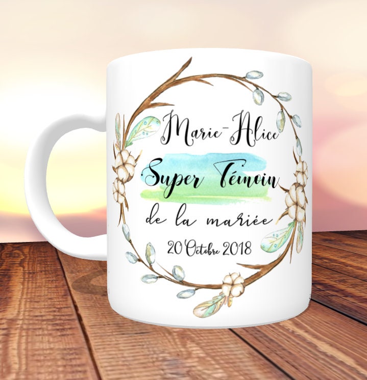 Mug Super Témoin Plumes Boho - Personnalisé Recto/Verso, Mug Personnalisé, Mug Prénom, Tasse Cadeau 