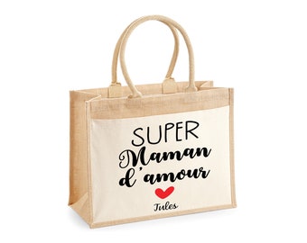 Large Jute Tote Bag Super Maman d'amour
