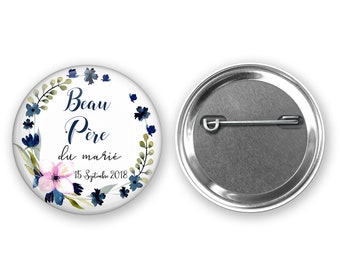 Badge mariage cadeau invité modele floral bleu, badge cadeau invité mariage, badge épingle personnalisé, badge prénom, badge mariage