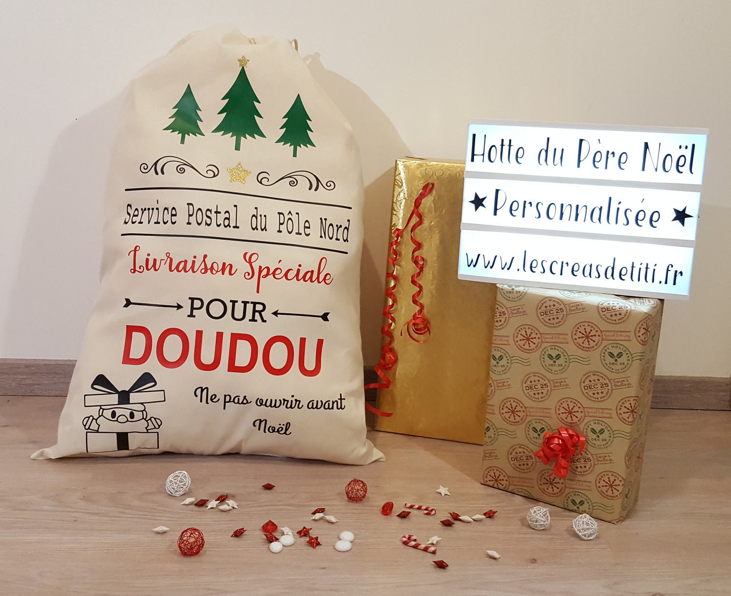 Sac de Noël Personnalisé Grand Modele Sapins, Hotte Noel Personnalisée, Sac Du Pere Noel, Hotte Noel