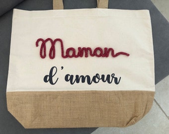 Grand Sac Cabas en toile de Jute et coton " Maman d'amour", cabas cadeau maman