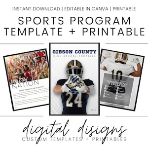 Puede incluir: Una plantilla digital de programa deportivo con el texto "SPORTS PROGRAM TEMPLATE + PRINTABLE". La imagen incluye tres ejemplos enmarcados: "INDY NATION", un jugador de fútbol y "GAME DAY THEMES". El diseño es personalizable e imprimible.