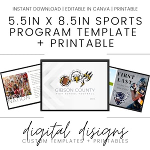 May include: A digital design template for a sports program. The template is 5.5 inches by 8.5 inches and features a football theme with a graphic of a football player and an eagle. The text "Gibson County High School Football 2023" is included in the design.