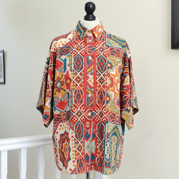 Androgynous Vintage Patterned Shirt UK 16 - ST MICHAEL, Middle Eastern, Turkish, 80s, Aztec, Oversized, Short Sleeve Blouse, Orange Print