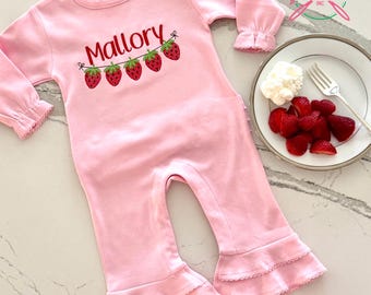 Embroidered Strawberry Baby Romper, Ruffle Leg Outfit