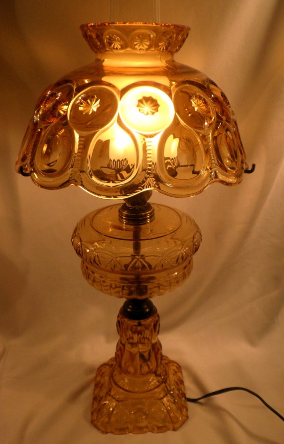 Fenton Lg Wright Antique Amber Moon And Stars Glass Oil Lamp