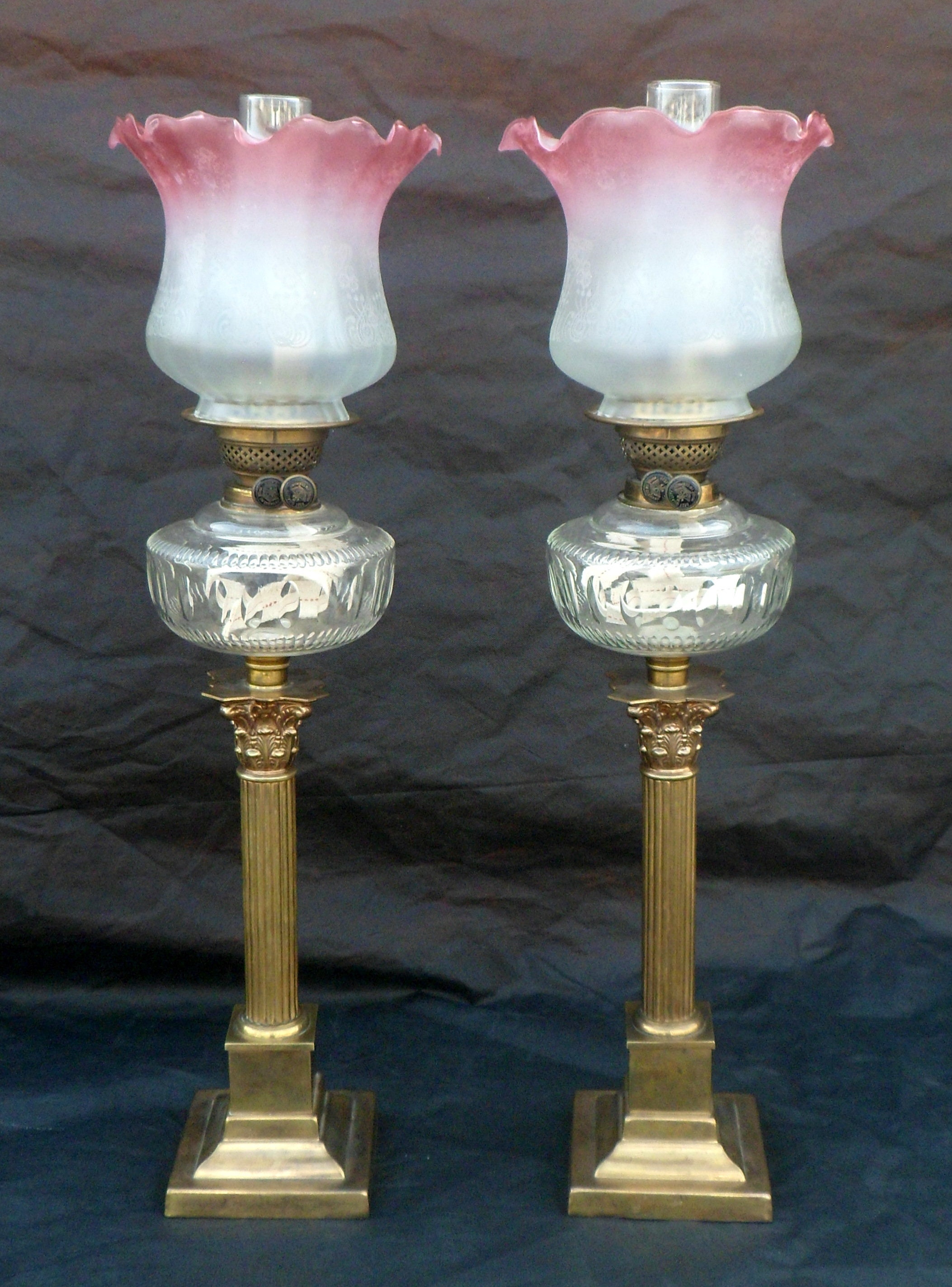 Pair Of Antique Kerosene Banquet Lamps Brass Bases Cranberry To Clear Glass Shades German Duplex Burners