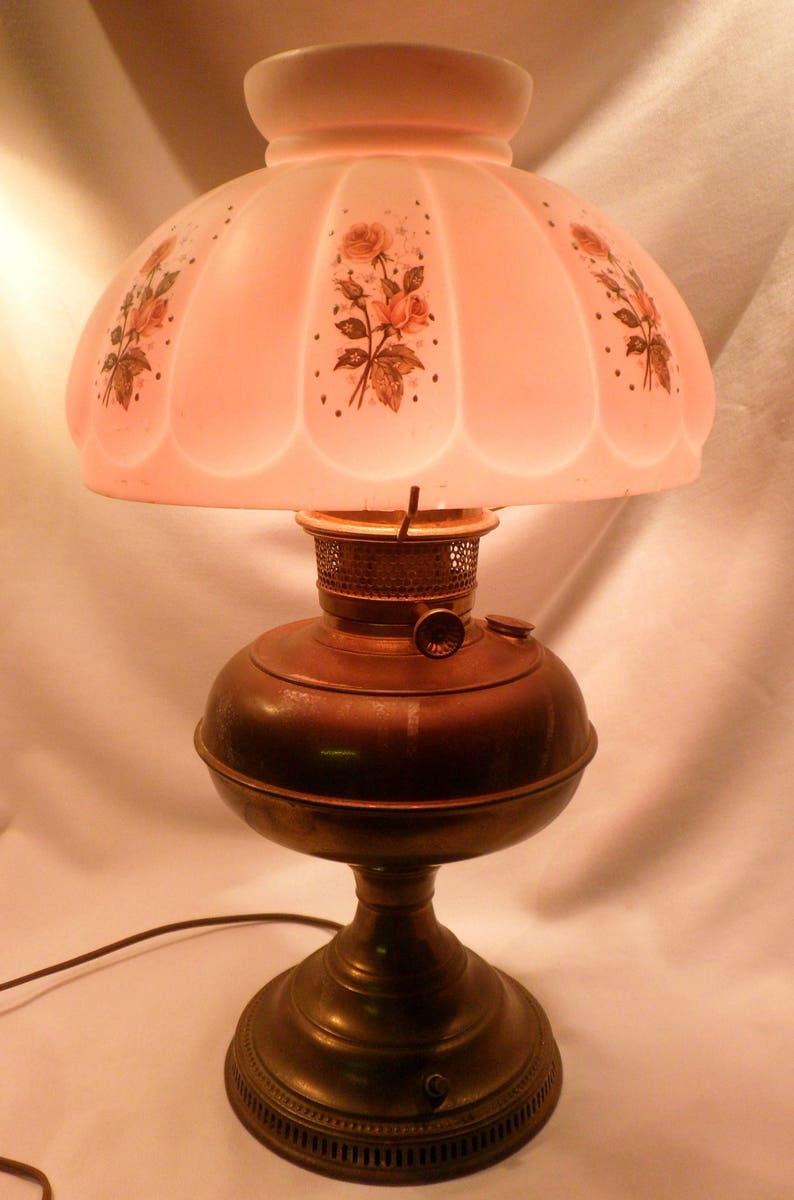 Rayo Brass Oil Lamp Converted To Electric Pink And White Image 0
