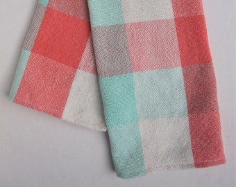 Handwoven Sherbert Coral Mint Cream Plaid Kitchen Towel