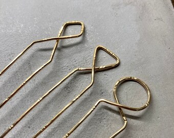 Geometric hammered brass hair fork bun pin, circle hair fork, diamond shaped hair pin, triangle shaped brass hair fork, textured hair pin