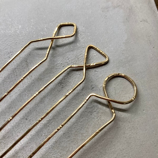 Geometric hammered brass hair fork bun pin