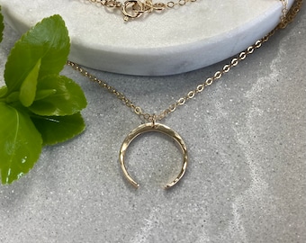 Small upsidedown crescent moon necklace, hammered crescent moon pendant, little goddess charm necklace, 14k gold filled and sterling silver