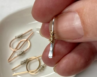 Mixed Metal Arc Hoop Earrings: U Shaped Wire Wrapped Threaders, 14k Gold Filled, Argentium Silver