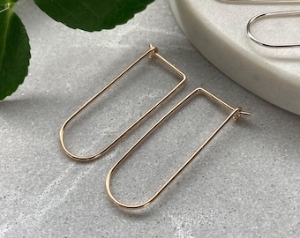 Oval Hoops: Long Slender Smooth Round Finish, 14K Gold filled, Argentium Silver, Modern Minimalist Jewelry