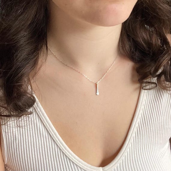 Tiny Vertical Bar Necklace: Mini Teardop Pendant, 14k Gold Filled, Argentium 940 Silver, Handmade Jewelry