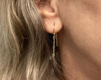 Chain Threader Earrings: Ear Hugging Hoops with Hammered Oval Chain Dangling, 14k Gold Filled, Argentium Silver, Minimalist Boho Jewelry